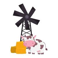 animali da fattoria mucca pila di fieno mulino a vento cartone animato vettore
