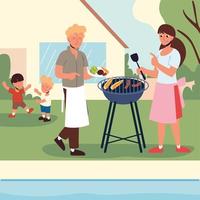 famiglia che fa una festa barbecue vettore