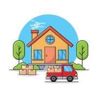 Casa e consegna camion con scatole vettore illustrazione. casa consegna concetto design