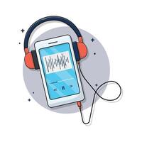 smartphone con cuffie vettore illustrazione. ascoltando per audiolibro o Podcast concetto design