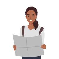 giovane turista ragazza con carta geografica nel il città. donna con zaino guardare a carta geografica vettore