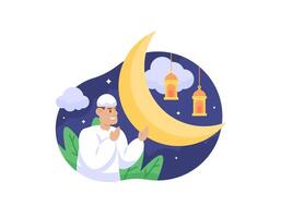 illustrazione di un' musulmano uomo è pregando. pregare per Dio. notte ambientazione con mezzaluna Luna e lanterna. illustrazione di Ramadan tema concetto disegno, eid al-fitr, eid al-adha, Islam. grafico elementi vettore