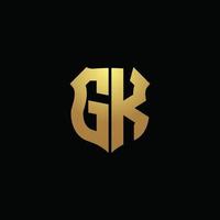 gk logo monogramma con colori dorati e modello di design a forma di scudo vettore