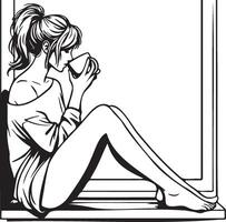 donna bevanda caffè a casa schizzo disegno. vettore