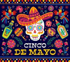 cinco de mayo vacanza bandiera cranio nel sombrero vettore