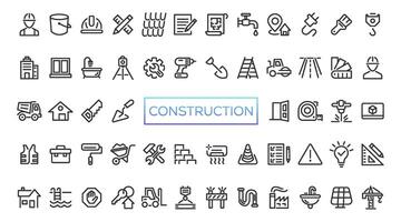 costruzione linea icone impostare. casa riparazione utensili schema icone collezione. costruzione Strumenti, costruttori e attrezzatura simboli. costruttore, gru, ingegneria, attrezzatura, casco, attrezzo, Casa vettore