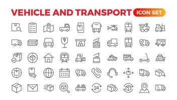 trasporto, veicolo, e consegna elementi - minimo linea sottile ragnatela icona impostare. schema icone collezione. auto, bicicletta, scooter, bulldozer, autobus, cavo, macchina, elicottero. vettore