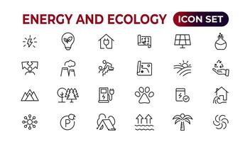 energia e ecologia linea modificabile icone impostare. vettore illustrazione nel moderno magro linea stile di eco relazionato icone. protezione, pianeta cura, naturale raccolta differenziata potenza. pittogrammi e infografica.