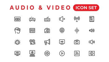 pacchetto icone audio video. set di icone di linea sottile. set di raccolta di icone piatte. icone vettoriali semplici