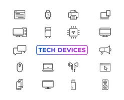 dispositivo e tecnologia linea icona impostare. elettronico dispositivi e gadget, computer, attrezzatura e elettronica. computer tenere sotto controllo, smartphone, tavoletta e il computer portatile sumbol collezione - azione ... vettore