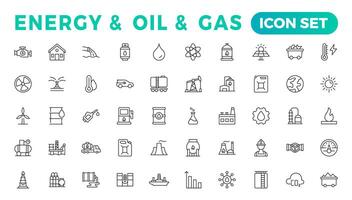 energia e olio e gas - magro linea ragnatela icona impostare. schema icone collezione vettore