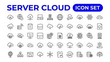 impostato di linea icone relazionato per nube informatica, nube Servizi, server, informatica sicurezza, digitale trasformazione. schema icona collezione. vettore
