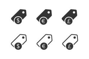 etichetta prezzo icona impostare. vendita icone con dollaro, Euro e libbra simboli. vettore illustrazione.