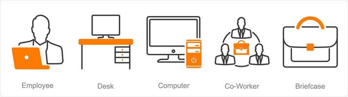 un' impostato di 5 ufficio icone come dipendente, scrivania, computer vettore