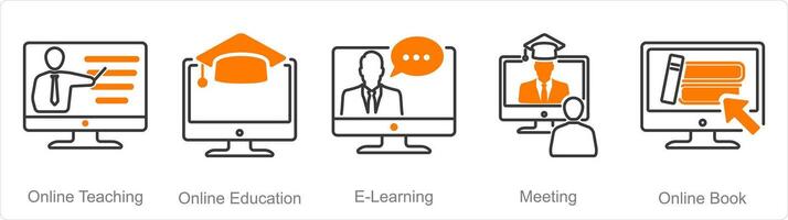 un' impostato di 5 in linea formazione scolastica icone come in linea insegnamento, in linea formazione scolastica, e-learning vettore