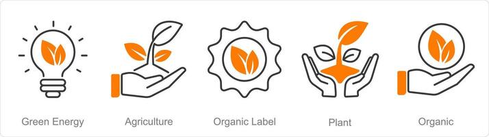 un' impostato di 5 biologico agricoltura icone come verde energia, agricoltura, biologico etichetta vettore