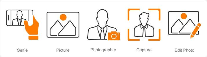 un' impostato di 5 fotografia icone come autoscatto, immagine, fotografo vettore