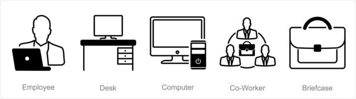 un' impostato di 5 ufficio icone come dipendente, scrivania, computer vettore