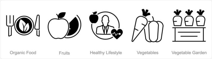 un' impostato di 5 biologico agricoltura icone come biologico cibo, frutta, salutare stile di vita vettore