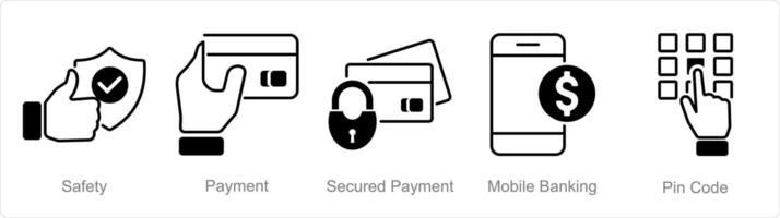 un' impostato di 5 sicurezza icone come sicurezza, pagamento, assicurato pagamento, mobile bancario vettore
