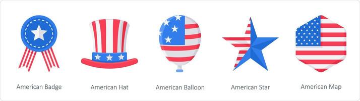 un' impostato di 5 America indipendenza giorno icone come americano distintivo, americano cappello, americano Palloncino vettore