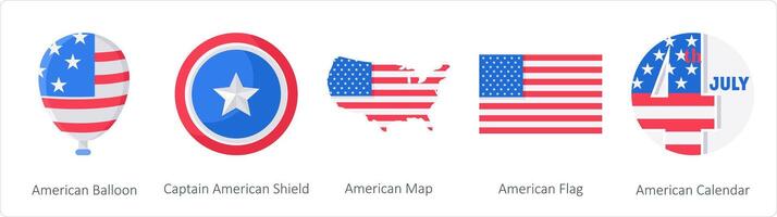 un' impostato di 5 America indipendenza giorno icone come americano Palloncino, didascalia americano scudo, americano carta geografica vettore