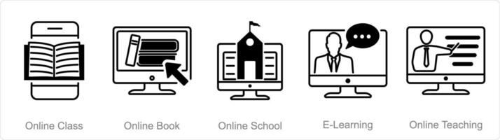 un' impostato di 5 educazione online icone come in linea classe, in linea prenotare, in linea scuola vettore