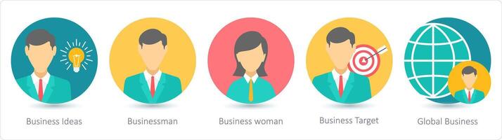 un' impostato di 5 attività commerciale icone come attività commerciale idee, uomo d'affari, attività commerciale donna vettore
