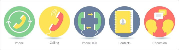 un' impostato di 5 comunicazione icone come Telefono, chiamando, Telefono parlare, contatti vettore