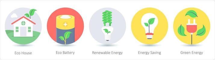 un' impostato di 5 ecologia icone come eco Casa, eco batteria, rinnovabile energia vettore