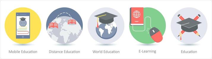 un' impostato di 5 formazione scolastica icone come mobile formazione scolastica, distanza formazione scolastica, mondo formazione scolastica vettore