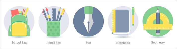 un' impostato di 5 formazione scolastica icone come scuola Borsa, matita scatola, penna vettore