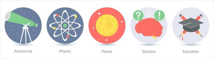 un' impostato di 5 formazione scolastica icone come astronomia, fisica, pianeta vettore