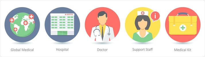 un' impostato di 5 medico icone come globale medico, Ospedale, medico vettore