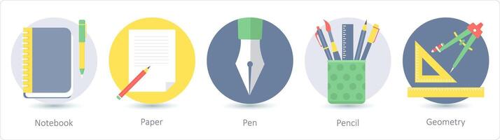 un' impostato di 5 formazione scolastica icone come taccuino, carta, penna vettore