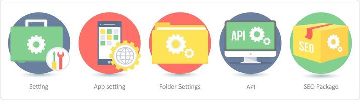 un' impostato di 5 SEO icone come ambientazione, App ambientazione, cartella impostazioni vettore