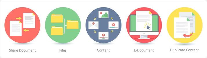 un' impostato di 5 SEO icone come Condividere documento, File, soddisfare vettore