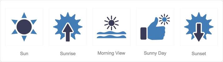 un' impostato di 5 mescolare icone come sole, Alba, mattina Visualizza vettore