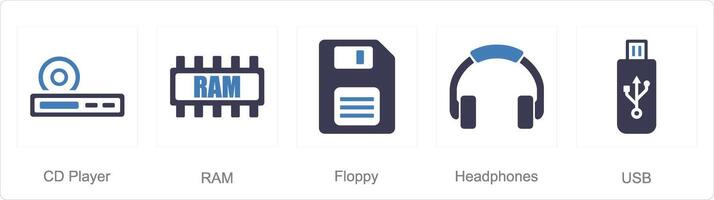 un' impostato di 5 computer parti icone come c d giocatore, ariete, floscio vettore