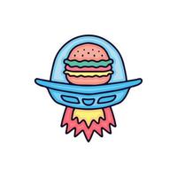 hamburger su cartone animato astronave, illustrazione per adesivi e maglietta. vettore