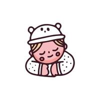 bambino kawaii con cappello da orso bianco che dorme. illustrazione per t-shirt, poster, logo, adesivi o articoli di abbigliamento. vettore