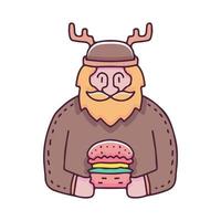 uomo barbuto con il costume di cervo che tiene l'illustrazione dell'hamburger. grafica vettoriale per stampe di t-shirt e altri usi.