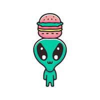 piccolo alieno con illustrazione di hamburger di cappello. grafica vettoriale per stampe di t-shirt e altri usi.