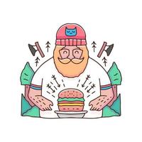 boscaiolo barbuto con illustrazione di hamburger. grafica vettoriale per stampe di t-shirt e altri usi.
