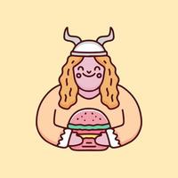 simpatica donna vichinga con cartone animato di hamburger, illustrazione per adesivi e maglietta. vettore