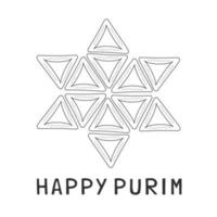 purim holiday design piatto nero linea sottile icone di hamantash a forma di stella di david con testo in inglese vettore