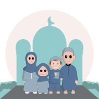 personaggio carino Ramadhan concetto illustrazione contento musulmano famiglia celebrare santo mese Ramadhan moschea sillhouette vettore illustrazione