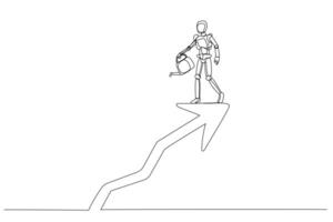 robot figura Tenere un' irrigazione può mentre in piedi su un verso l'alto freccia sentiero, simboleggiante nutrimento il continuo crescita di idee e innovazione vettore