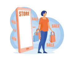 in linea shopping nel un' Telefono app. contento giovane donna con shopping borse le foglie il in linea negozio. grande di stagione vendita e sconto a negozio, negozio, centro commerciale. piatto vettore moderno illustrazione