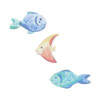 vario mare pesce, semplice, cartone animato. acquerello illustrazione mano disegnato con pastello colori turchese, blu, menta, corallo, pesca. impostato di elementi isolato a partire dal sfondo. vettore